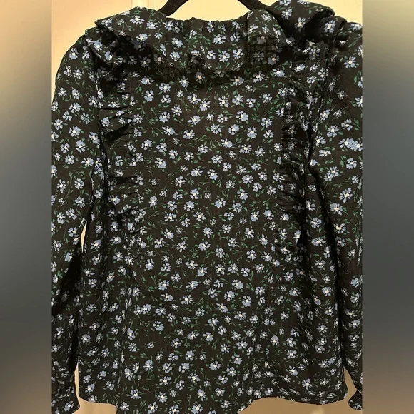Loft Women’s Black and Blue Floral Ruffled Longsleeve Blouse size XS Petite - Picture 8 of 9